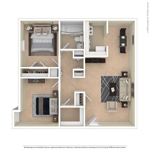 Floor plan for 2 beds, 1 bath, 802 sqft